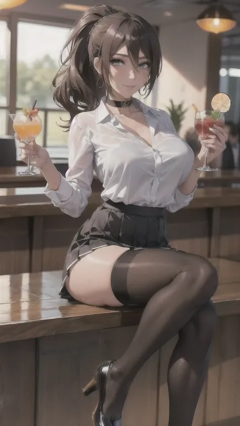 ((correct anatomy)),((sit at the bar counter)),((holding a cocktail glass)),((((black stockings)))),((beautiful feet)),((a shy s...