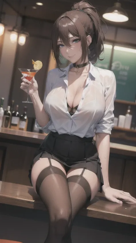 ((Correct Anatomy)),((Sit at the bar counter)),((Holding a cocktail glass)),((((Black Stockings)))),((Beautiful feet)),((A shy smile)),((Office Costume)),((White blouse)),((Office Uniforms)),((Pleated mini skirt)),Ultra-high resolution,Mature Woman, Mature...