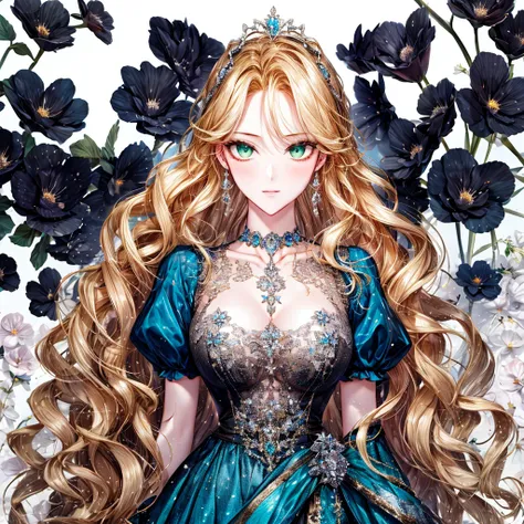 shoujo-style, (floral background, Romance Manhwa), 2girl, blonde hair, solo, long hair, flower, dress, tiara, white dress, gloves, long sleeves, choker, green eyes, mascara, makeup, white gloves, black bow, black flower, wavy hair, bow, Good, jewelry, look...