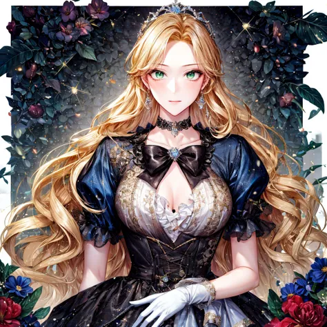 shoujo-style, (floral background, Romance Manhwa), 2girl, blonde hair, solo, long hair, flower, dress, tiara, white dress, gloves, long sleeves, choker, green eyes, mascara, makeup, white gloves, black bow, black flower, wavy hair, bow, Good, jewelry, look...