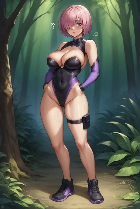 nsfw,score_9, score_8_superior, score_7_superior, sauce_Anime BREAK 1 Girl, alone, View your viewers, Detailed Background,  Mash Kyrielight, Pink Hair, Hair on one eye, Super big breasts, Glossy skin,leotard, The chest is exposed,The navel is exposed, Thig...