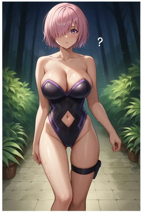 nsfw,score_9, score_8_superior, score_7_superior, sauce_Anime BREAK 1 Girl, alone, View your viewers, Detailed Background,  Mash Kyrielight, Pink Hair, Hair on one eye, Super big breasts, Glossy skin,leotard, The chest is exposed,The navel is exposed, Thig...