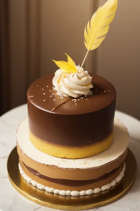 Salted caramel entremet with a yellow chocolate feather on top