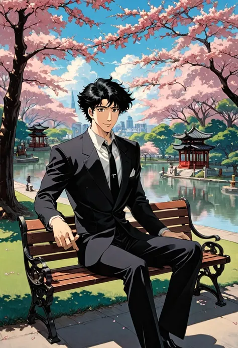 cherry blossom park,a man sitting on a bench, black suit,a loose black tie,black eyes, smile, black hair, 1990s style, (masterpi...