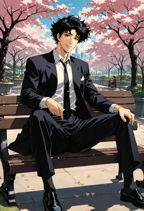 cherry blossom park,a man sitting on a bench, black suit,a loose black tie,black eyes, smile, black hair, 1990s style, (masterpi...