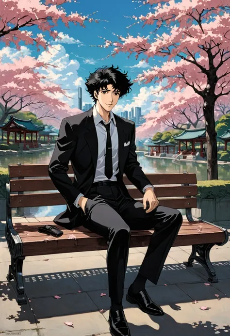 cherry blossom park,a man sitting on a bench, black suit,a loose black tie,black eyes, smile, black hair, 1990s style, (masterpi...