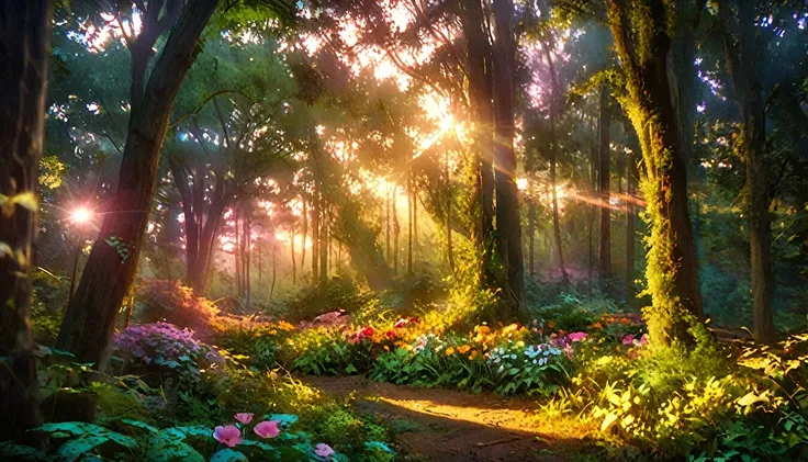 beautiful forest at dawn, idyllic, magic, majestic, epic lighting, dense foliage, colorful flowers, sunlight, reality, movie, wa...