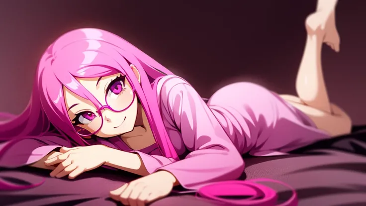 Smiling girl with long pink hair and pink eyeglasses lying down