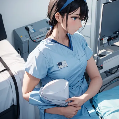 nursing aide,one girl,solo,blue or white scrubs,not wearing a hat or cap, I cant get my head out of the picture, Facing forward.