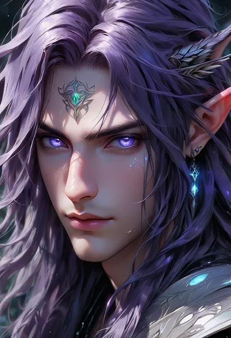 ethereal demonic 25 year old anime guy male druid, with metallic foil print deep purple long hair, delicate masterpieceintimate ...