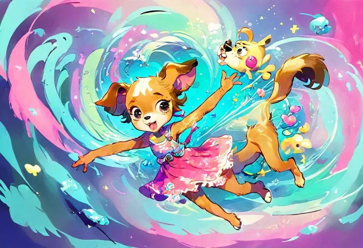 Anthropomorphic swirl art puppy cartoon character, Marker Outline, One girl, cute, Anime Style, Dynamic pose with arms and legs stretched out, whimsical expression, Floating in the stratosphere、Bright and vibrant colors, Dynamic Lighting, Digital Painting,...