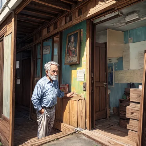 Old man notices that a  kid has entered his premises and is looking at his paintings in wonder