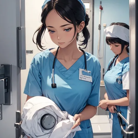 nursing aide,one girl,solo,blue or white scrubs,not wearing a hat or cap, I cant get my head out of the picture, Facing forward.