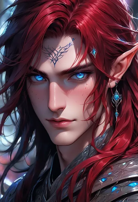 ethereal demonic 25 year old anime guy male druid, with metallic foil print blood red long hair, delicate masterpieceintimate de...