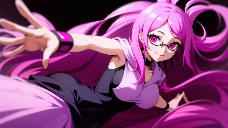 Smiling girl with long pink hair and black prescription glasses pink eyes lying on two arms