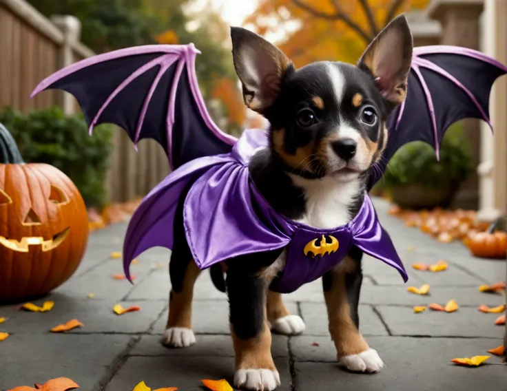 A puppy with bat wings, Halloween night, looking cute as he chases a in a princess costume
