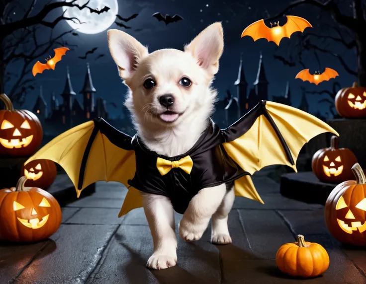 A puppy with bat wings, Halloween night, looking cute as he chases a in a princess costume
