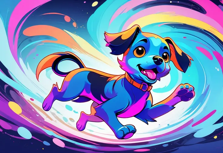 Anthropomorphic swirl art puppy cartoon character, Marker Outline, cute, Anime Style, Dynamic pose with arms and legs stretched out, whimsical expression, Floating in the stratosphere、Bright and vibrant colors, Dynamic Lighting, Digital Painting, masterpie...