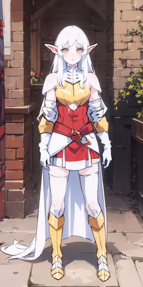 masterpiece, best quality, high quality, white SKIN elf, long hair, white hair, yellow eyes, full body, def_effie, blue breastplate, white skin, looking at viewer, shiny, armor, thigh highs, high boots, shoulder armor, faulds, poleyn, gloves, gauntlets