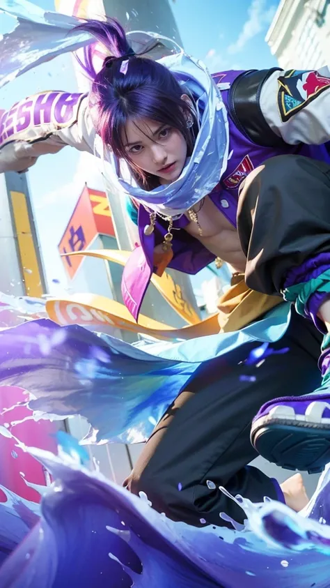 This is a picture of a character in a fighting game. The character is a handsome man wearing blue and purple clothes and is making movements in the air.