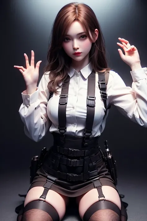 Brown hair, Watch the audience, Black suspenders, Black skirt, White shirt, Garter belt, gaze, Knee socks, gun holster, Beautiful woman, Raise your hand. Black boots, flank, Put your hands behind you, night, City as background