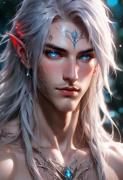 ethereal demonic 25 year old anime guy male druid, with metallic foil print blood red long hair, delicate masterpieceintimate de...