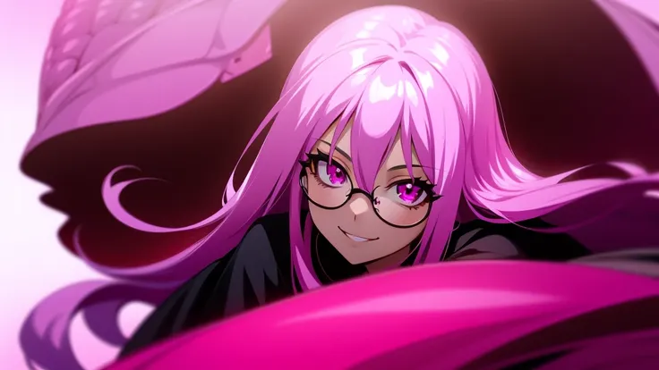 Smiling girl with long pink hair and black prescription glasses pink eyes lying on two arms