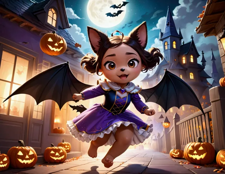 A flying puppy with bat wings, Halloween night, looking cute as he flying chases a girl in a princess costume
