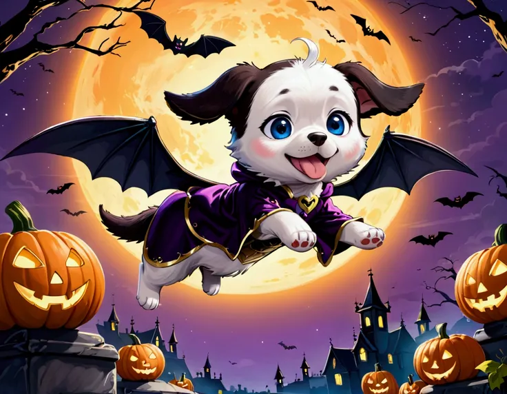 A flying puppy with bat wings, Halloween night, looking cute as he flying chases a girl in a princess costume
