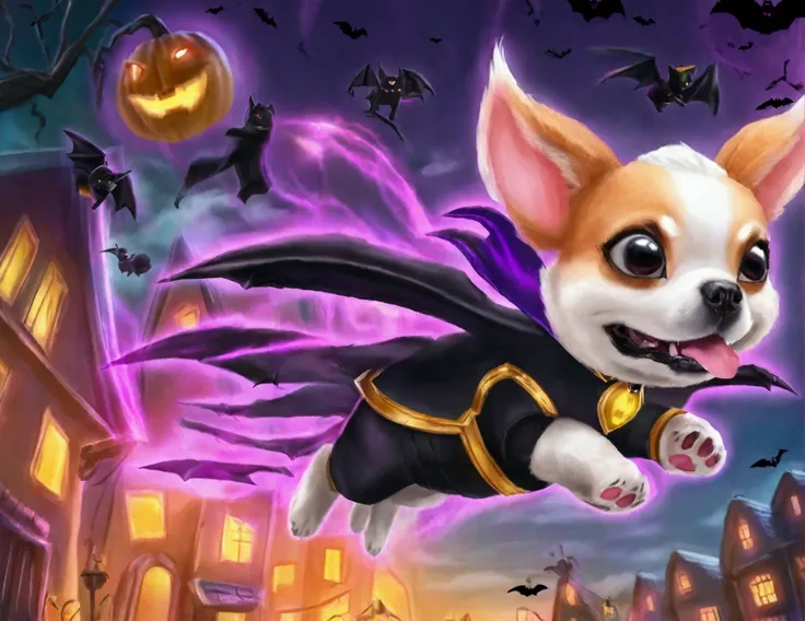 A flying puppy with bat wings, Halloween night, looking cute as he flying chases a girl in a princess costume
