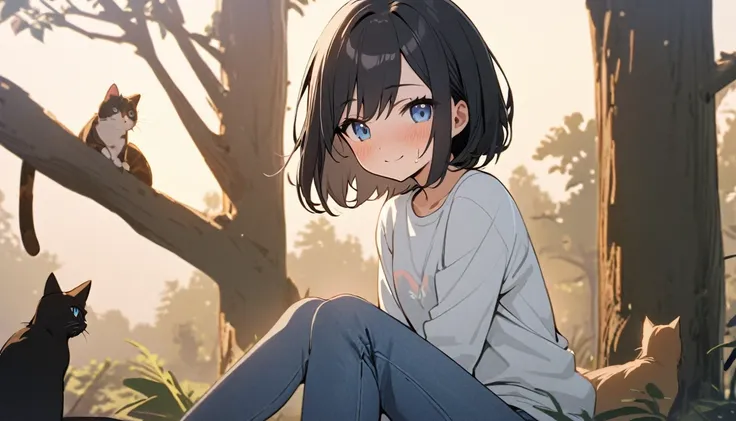 beautiful 1girl, solo, gentle smile on her face flat chest, short hair, black hair, beautiful blue eyes, a woman sitting on top of a tree next to a cat, wearing a sweat shirt and short blue jeans