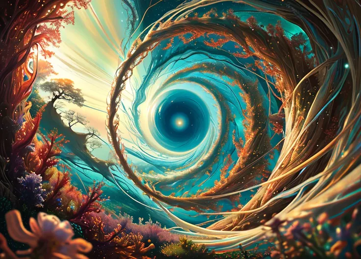 Hidden realms of existence where the concept of toroidal fields manifests as mesmerizing toruses. These fields are depicted with vibrant, ethereal colors and intricate details, showcasing their profound and captivating nature. The illustration should highl...