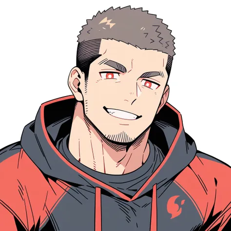 anime characters：priapus, muscle sports student, buzz cut, manliness, male focus, sports tight hooded sweatshirt, wear a high-ne...