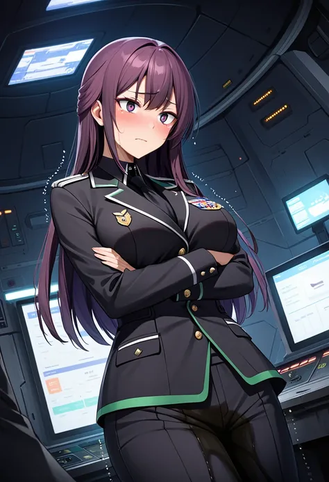 (high quality,Very detailed:1.37, High resolution), Woman, (mature:2.0), (Sakaki Yumiko:2.0), very long hair, (dark purple hair:1.5), purple eyes, large breasts, military uniform, pants, (wetting herself:1.5), standing, (arms crossed:1.5), (embarrassed:1.5...