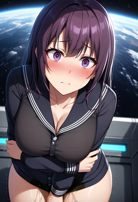 (high quality,Very detailed:1.37, High resolution), Woman, (mature:2.0), (Sakaki Yumiko:2.0), very long hair, (dark purple hair:1.5), purple eyes, large breasts, military uniform, pants, (wetting herself:1.5), standing, (arms crossed:1.5), (embarrassed:1.5...