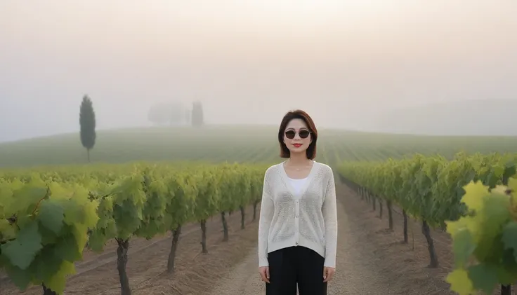 8k realistic, lifelike photo,, 36 year old Korean woman, Short in stature, pretty like a model. front view, white shirt and short cardigan, casual pants, short medium hair, smiling, Italy. spring, vineyard, thick dawn fog. vineyard 지나 짙은 안개 속으로 저 멀리 성당이 보인...