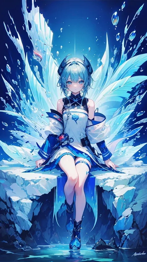 (muste piece), (best quality), very detailed, 1 girl, Long blonde hair, blue armor, nice legs, solo full body shot, perfect face, beautiful, very detailedな顔，(Blue-haired shorthair:1.5)，(blue eyes:1.4)，(in water:1.4)，Ocean，School of small fish，Light，jellyfi...