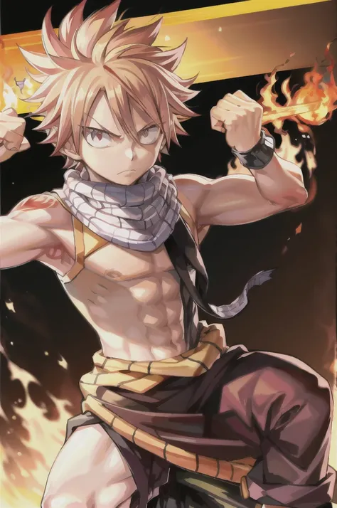 masterpiece, best quality, 1boy, natsu dragneel, scarf, sleeveless, black eyes, fire, arm up, yellow hair