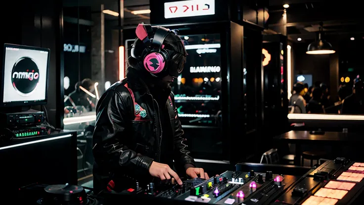 DJ AND ELECTRONIC PRODUCER MAN WITH FULLY COVERED BLACK REALISTIC PIG HEAD MASK PIG HELMET, CASCO DE MARRANO MASK PIG FUTURISTIC