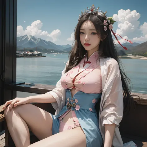 National Foundation,There is a blue sky, White clouds and mountains in the distance々、tower and many people，Pink Flower，cherry blossoms，Hanfu woman,Phoenix Crown、Detailed embroidery、穿Hanfu裤袜、Hanfu、穿长袖Hanfu、Her see-through underwear is clearly visible、Appear...