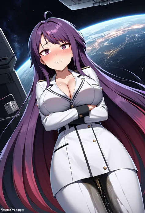 (high quality,Very detailed:1.37, High resolution), Woman, (mature:2.0), (Sakaki Yumiko:2.0), (very long hair:1.5), (purple hair:1.5), purple eyes, large breasts, military uniform, pants, (wetting herself:1.5), standing, (arms crossed:1.5), (embarrassed:1....