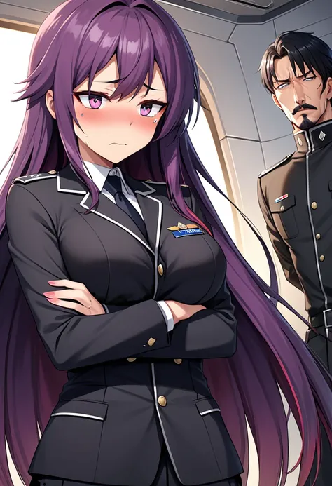 (high quality,Very detailed:1.37, High resolution), Woman, (mature:2.0), (Sakaki Yumiko:2.0), (very long hair:1.5), (purple hair:1.5), purple eyes, large breasts, military uniform, pants, (wetting herself:1.5), standing, (arms crossed:1.5), (embarrassed:1....