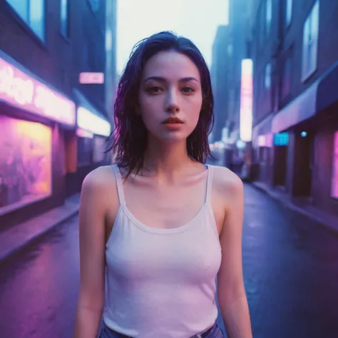 xxmixgirl, 1girl wet tshirt look sexy, splash detailed, surreal dramatic lighting shadow (lofi, analog), kodak film by Brandon Woelfel Ryan McGinley, Futuristic city with Neon light and cyberpunk atmosphere, normal breasts, normal hips