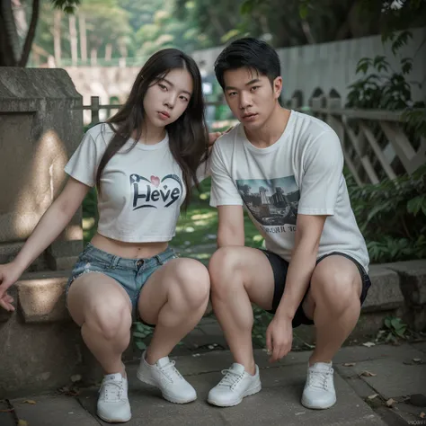 Full body professional photography. Korean man and woman, young, long hair, loose white womens couple t-shirt with MEV written on it. shorts, white shoes, full of love, surrounded by a fence of romantic leaves, white clouds, blurred Canon lens with reduced...