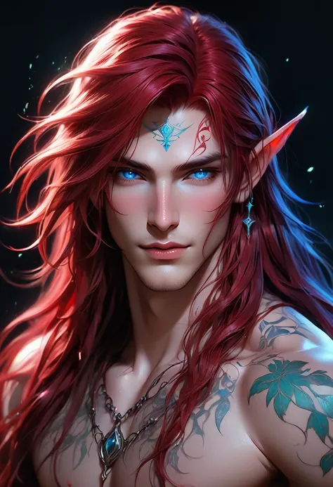 full ariel view of a ethereal demonic 25 year old anime guy male druid, with metallic foil print blood red long hair, delicate masterpieceintimate delicate etched glowing rune tattoos, winking, beautiful gorgeous elf ((male)) kissyface, perfect face, blue/...