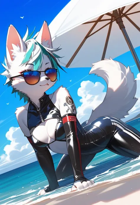 Highest quality, Highest quality, High quality illustrations, masterpiece, Ultra-high resolution, Detailed Background, beach, Absurd, Perfect Anatomy, performance, Good lighting, Shadows in the movies(kemono, Furry Personifi猫ion), latex, neon, neonカラー, cyb...