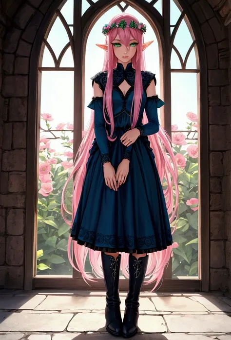 beautiful adult women elf, long pink hair and blue streaks hair, green eyes, with flower crown, black boots, blue dress, pink underskirt and black sleeves
