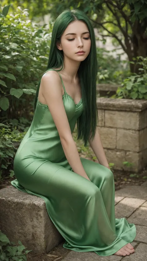 a girl.  face sent feeling.  Europe.  Oval face.  long face.  delicate facial features.  eyes closed sadly.  seductively seductive.  green eyes.  long straight hair.  green hair.  sad.  shy.  green silk nightgown.  shy sitting posture.  straight face.  out...