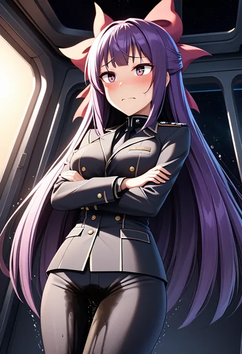 (high quality,Very detailed:1.37, High resolution), Woman, (mature:2.0), (Sakaki Yumiko:2.0), (very long hair:1.5), (purple hair:1.5), purple eyes, large breasts, military uniform, pants, (wetting herself:1.5), standing, (arms crossed:1.5), (embarrassed:1....