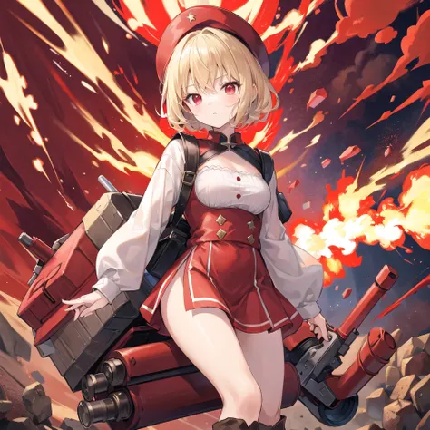 1 , short blonde hair, wearing red german dress with hat, red eyes, dark brown boots, throwing a big red sack full of bombs, use explosion as background, high res, ultrasharp, 8k, masterpiece